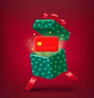 Open gift box with shining credit card. 3d vector illustration