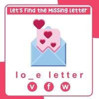 Missing letter worksheet. Complete the letters for valentine things in English. Writing practice. Valentine theme. Vector file.