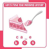 Missing letter worksheet. Complete the letters for valentine things in English. Writing practice. Valentine theme. Vector file.