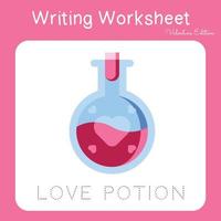 Illustration of writing practice worksheet with valentine theme. Educational printable worksheet. Exercises lettering game for kids. Vector illustration.