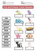 Learning about colors worksheet. Educational sheet for preschool. Cut and paste color names. Vector illustration.