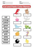 aprendiendo sobre la hoja de trabajo de colores. hoja educativa para preescolar. cortar y pegar nombres de colores. ilustración vectorial vector