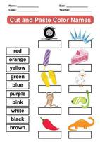 Learning about colors worksheet. Educational sheet for preschool. Cut and paste color names. Vector illustration.