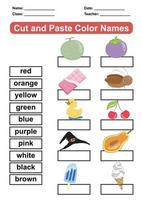 Learning about colors worksheet. Educational sheet for preschool. Cut and paste color names. Vector illustration.