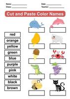 Learning about colors worksheet. Educational sheet for preschool. Cut and paste color names. Vector illustration.