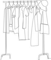 Continuous one line drawing Collection of clothes hanging on a rack with hat. Clothing concept. Single line draw design vector graphic illustration.