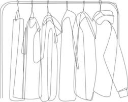 Continuous one line drawing Collection of clothes hanging on a rack. Clothing concept. Single line draw design vector graphic illustration.