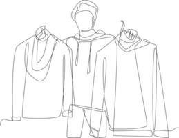Continuous one line drawing happy salesboy offering stylish clothes to customer. Clothing concept.  Single line draw design vector graphic illustration.