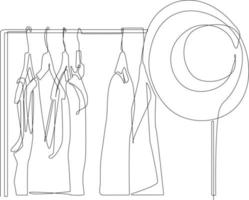 Continuous one line drawing Collection of clothes hanging on a rack with hat. Clothing concept. Single line draw design vector graphic illustration.