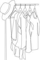 Continuous one line drawing Collection of clothes hanging on a rack with hat. Clothing concept. Single line draw design vector graphic illustration.