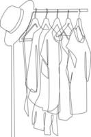 Continuous one line drawing Collection of clothes hanging on a rack with hat. Clothing concept. Single line draw design vector graphic illustration.