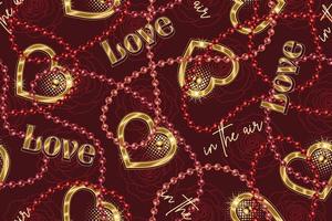 Valentines day seamless pattern with golden heart, string of beads, text Love in the air, outline roses on dark background. For wedding, engagement event, Valentines Day, gift decoration. vector