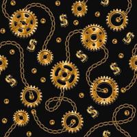 Seamless background with gold gears, chains, beads, dollar sign on black background. Vector illustration.
