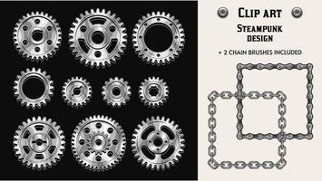Set with monochrome detailed vintage design elements. Silver gears, metal chains pattern brushes, rivets on black, white background. Isolated vector illustration. Steampunk style