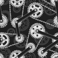 Seamless monochrome pattern with gears, bike chains, rivets, metal rails, contour gearwheels behind on a dark background. Vector illustration in steampunk style. For T-shirt pattern, textile