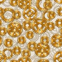 Seamless pattern with gold shily machine gears and linear gears behind on a beige background. Steampunk style vector