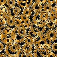 Seamless mechanical pattern with polished gold machine gears on a black background. Dense composition. Steampunk style. vector