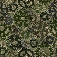 Seamless pattern with gears, dotted halftone texture. Green camouflage colors for apparel, fabric, textile, sport goods. vector