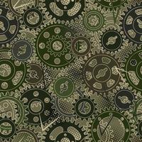 Seamless pattern with gears, dotted halftone texture. Green camouflage colors for apparel, fabric, textile, sport goods. vector