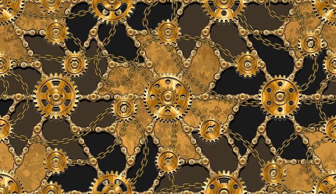 Seamless gold pattern with gearwheels, rivets chains, metallic surface. Vintage industrial background. Creative concept for t-shirt design, apparel, fabric, textile, sport goods, surface design.