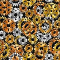 Seamless mechanical pattern with glossy gold, silver, copper machine gears on a black background. Dense composition. Steampunk style. vector