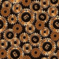 Seamless mechanical pattern with rusty and polished bronze machine gears on a black background. Dense composition. Steampunk style. vector