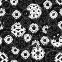 Monochrome seamless mechanical pattern with machine gears on a black background. Dense composition. Steampunk style. vector