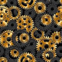 Seamless mechanical pattern with black cast iron gears and polished gold machine gears on a black background. Dense composition. Steampunk style. vector