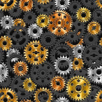 Seamless mechanical pattern with black cast iron gears and polished gold, brass, bronze, copper, silver steel machine gears on a black background. Dense composition. Steampunk style.