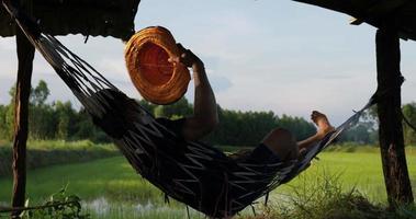 primer plano, vista lateral del joven granjero acostado en la hamaca y mirando los campos de arroz, agitando el sombrero en la mano para refrescarse video