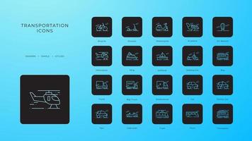 Transportation icon set with black filled line style. Vehicle, symbol, transport, line, outline, travel, automobile, editable, pictogram, isolated, flat. Vector illustration