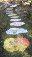 Colorful stepping stone pathway laying on the ground at garden or park. photo