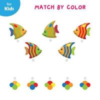 juego educativo para niños, une los peces de colores con el color correspondiente. desarrolla habilidades de reconocimiento y combinación de colores de una manera divertida e interactiva. educación de los niños. vector