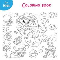 sirena para colorear para niños, una serie de dibujos. contiene lindas ilustraciones de sirenas y criaturas marinas. ideal para encender la imaginación y la creatividad en los niños. coloridas criaturas marinas vector