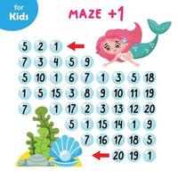 Mini Game For Children. A Series On The Marine Theme. Join The Mermaid On A Number Maze Adventure. Follow The Plus One Pattern To Lead Her To Her Sink. Educational And Fun For Kids vector