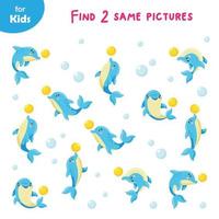 Mini Game For Kids. Education And Games. Join The Fun With This Memory Game For Kids. Match 2 Identical Cartoon Style Dolphins To Win. Improve Your Memory And Concentration Skills. Marine Series vector