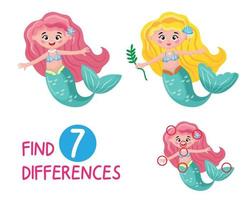 Mini Game For Kids, Learn Cartoon Style Mermaid Image. Look Carefully, Find 7 Differences Between The Pictures This Game Is For Kids And Helps Them Pay Attention To The Details, Colorful Sea Creatures vector