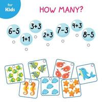 juego de matemáticas para niños. mejora tus habilidades matemáticas con este divertido juego náutico para niños. resuelve ejemplos y conecta con imágenes de delfines, peces y conchas. serie marina vector