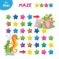 Mini Game For Children. Help The Seahorse Go Through The Colorful Maze By Following The Patterns, The Stars. A Fun Game For Kids To Improve Their Problem Solving Skills. Education Of Children. vector