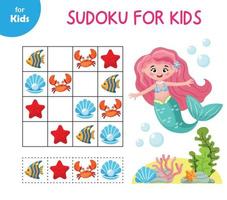 mermaid sea sudoku para niños es un divertido juego educativo para niños que utiliza las reglas clásicas de sudoku con un tema marino. ayuda a los niños a desarrollar habilidades de lógica y resolución de problemas aprendiendo sobre las criaturas marinas vector