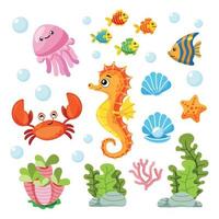 conjunto de íconos y elementos de animales marinos, conchas, algas coralinas y peces al estilo de las caricaturas. utilizado en libros para niños, materiales educativos para niños. objeto aislado sobre fondo blanco vector
