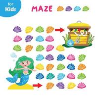 Mini Game For Kids. Help The Mermaid Go Through The Colorful Maze, Follow The Patterns, Shells, And Reach The Chest. A Fun Game For Kids To Improve Their Problem Solving Skills. Education Of Children. vector