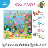 Mini Game For Children. A Fun Game For Kids Where They Find And Count All The Sea Figures Hidden In The Picture. Perfect For Developing Counting And Observation Skills. Education Of Children. vector