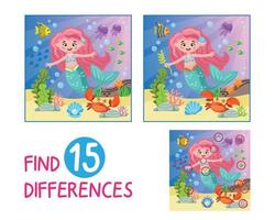 Mini Game For Kids, Learn Cartoon Style Mermaid Image. Look Carefully And Find 15 Differences Between The Pictures. This Game Is For Kids And Helps Them Pay Attention To The Details vector