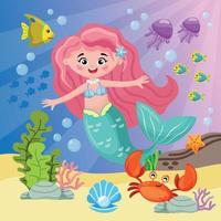 Mermaid In The Underwater World, Cartoon Style Illustration For Children Depicting A Mermaid Surrounded By Marine Animals And Plants. Picture For Children's Book, Teaching Aids.