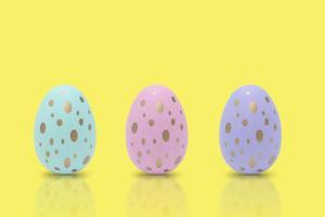 Happy Easter. Beautiful colorful eggs with different pattern on purple background. photo