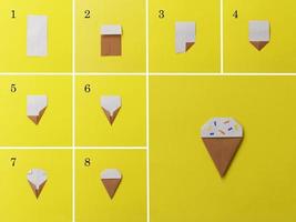 instrucciones fotográficas paso a paso sobre cómo hacer un pequeño helado de origami. bricolaje simple con el concepto de niños para niños. collage de la foto de los pasos.