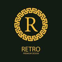 esta imagen es un diseño de logotipo de monograma emblema con alfabeto r en forma redonda en estilo gráfico de línea en color dorado sobre un fondo oscuro