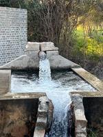 flujo de agua de riego desde la tubería hasta el canal para campos agrícolas foto