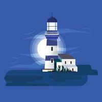 this is a picture of a lighthouse at night in flat style on a blue background